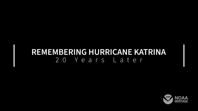 Title card for the video, "Remembering Hurricane Katrina: 20 Years Later." The title is shown in white text on a black screen.